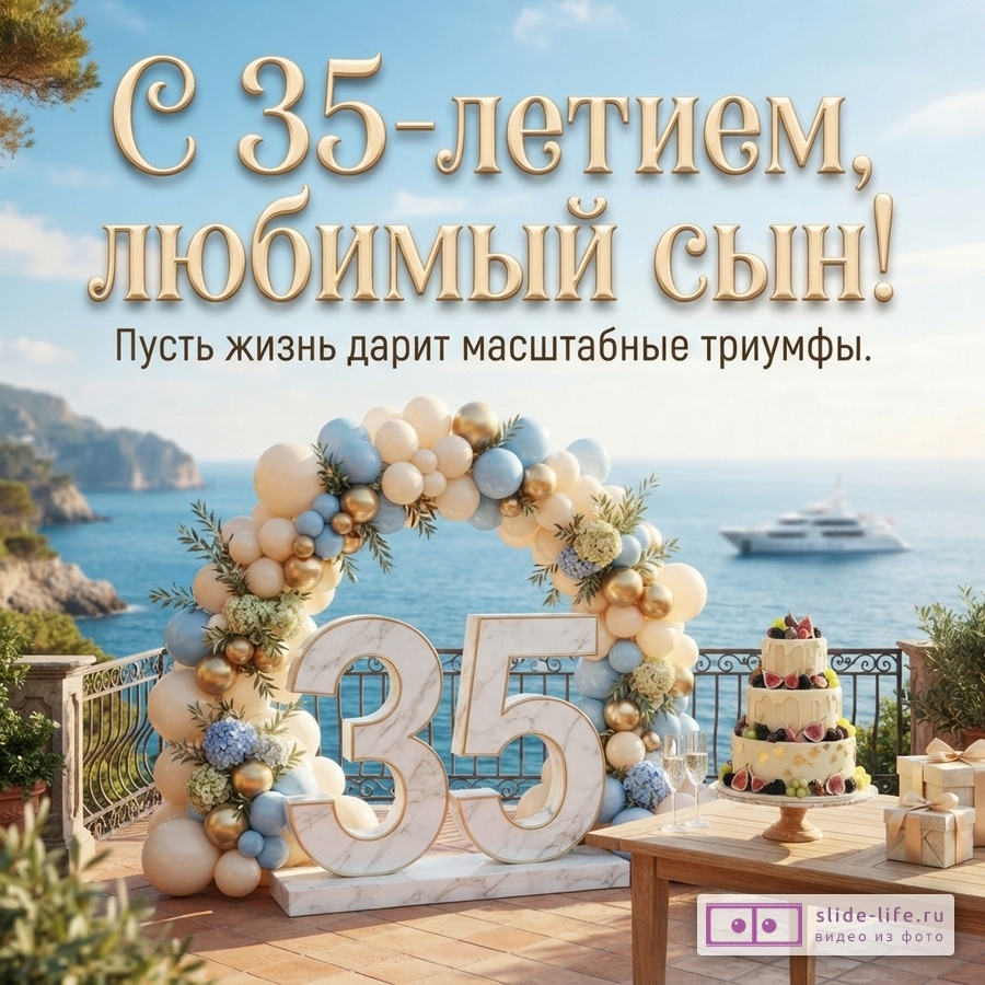 Объемная мраморная цифра 35 в арке из шаров на террасе у моря с яхтой и праздничным тортом, надпись «С 35-летием, любимый сын! Пусть жизнь дарит масштабные триумфы.»