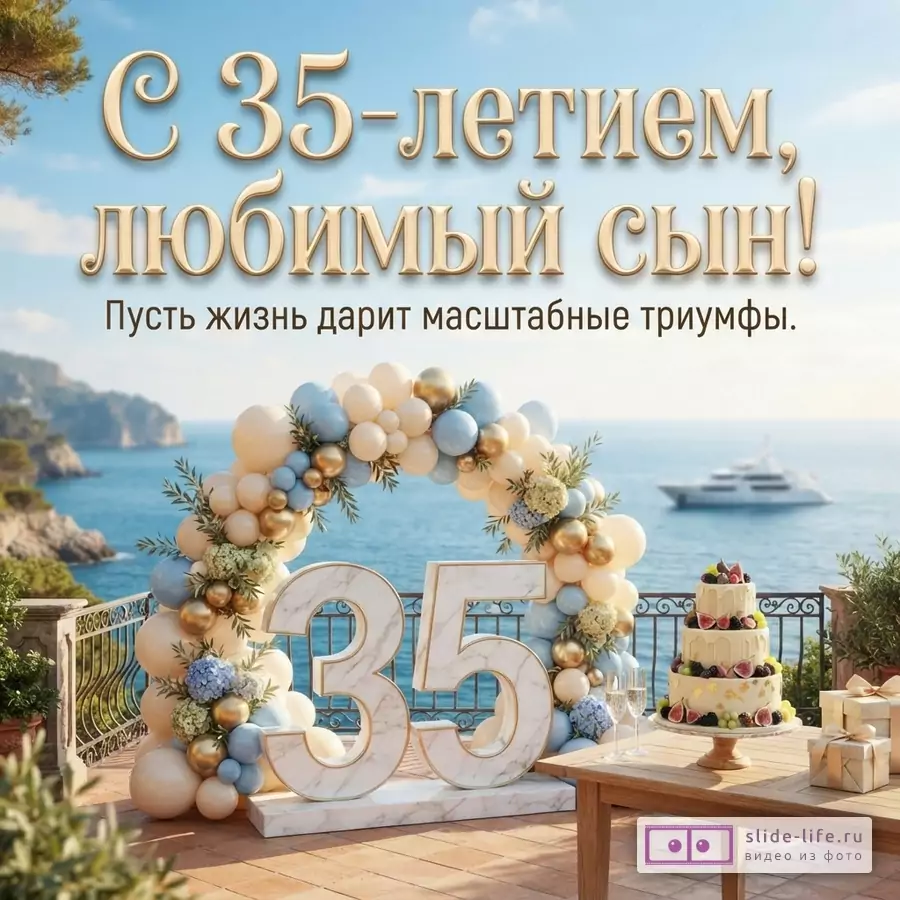 Объемная мраморная цифра 35 в арке из шаров на террасе у моря с яхтой и праздничным тортом, надпись «С 35-летием, любимый сын! Пусть жизнь дарит масштабные триумфы.»