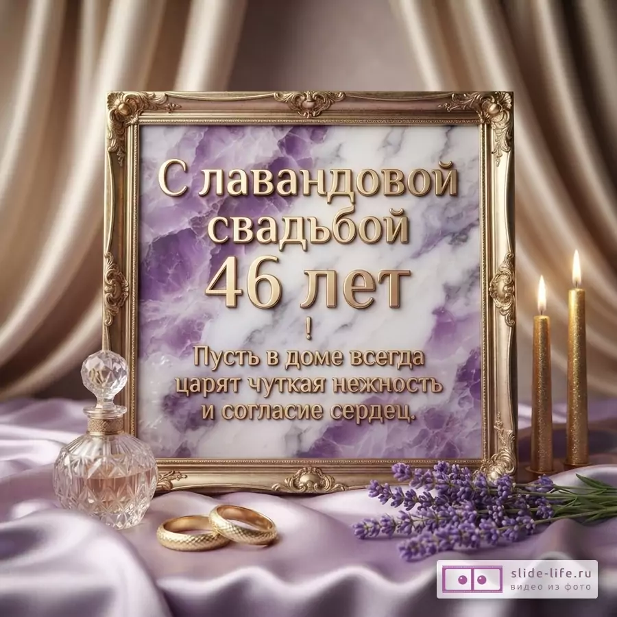 Золотая рамка на фоне сиреневой ткани, внутри рамки текст «С лавандовой свадьбой 46 лет! Пусть в доме всегда царят чуткая нежность и согласие сердец.». Слева флакон духов, справа две свечи и букет лаванды, внизу два золотых кольца.