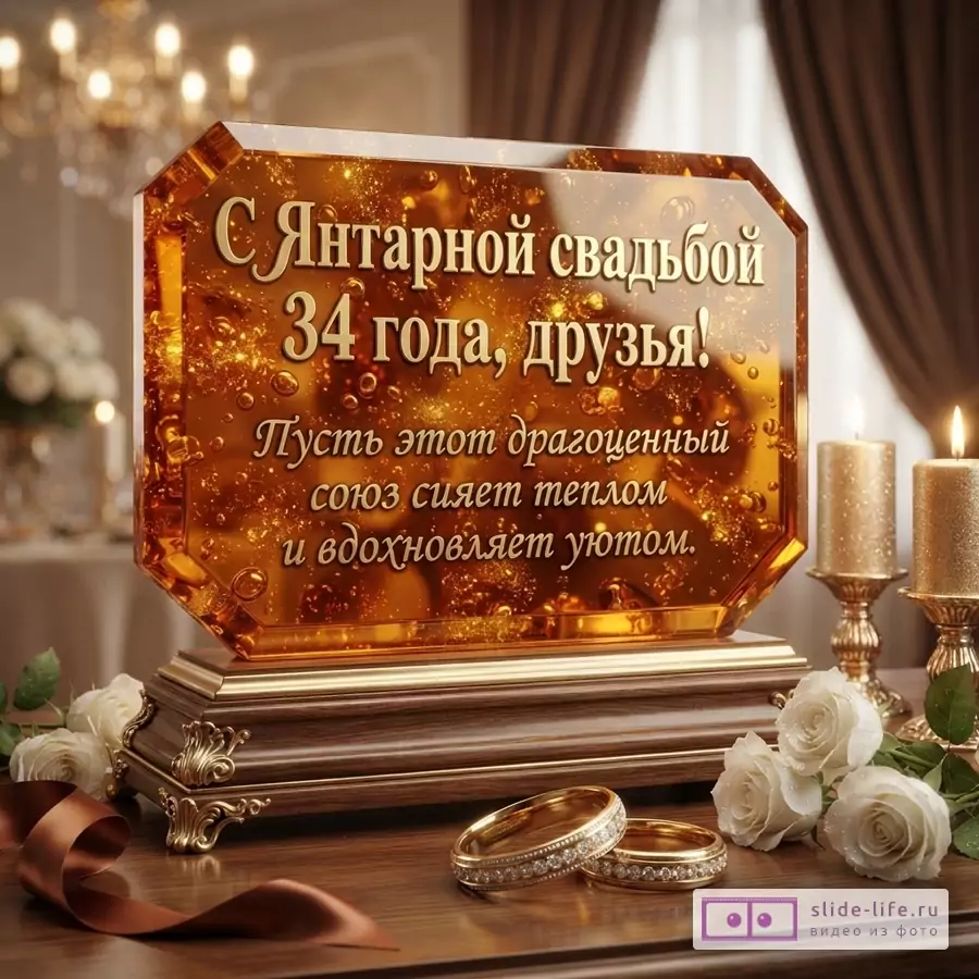 Янтарная табличка на деревянной подставке, на фоне свечи, роз и обручальных колец. Текст: «С Янтарной свадьбой 34 года, друзья! Пусть этот драгоценный союз сияет теплом и вдохновляет уютом.»