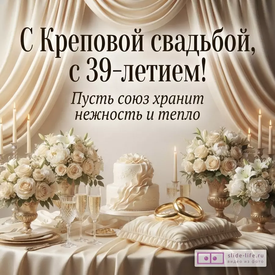 Бежевый фон, бежевые шторы, праздничный стол с белой скатертью, белые цветы в золотых вазах, белые свечи, бокалы с шампанским, белый торт, золотые обручальные кольца на подушечке. Текст: «С Креповой свадьбой, с 39-летием! Пусть союз хранит нежность и тепло»