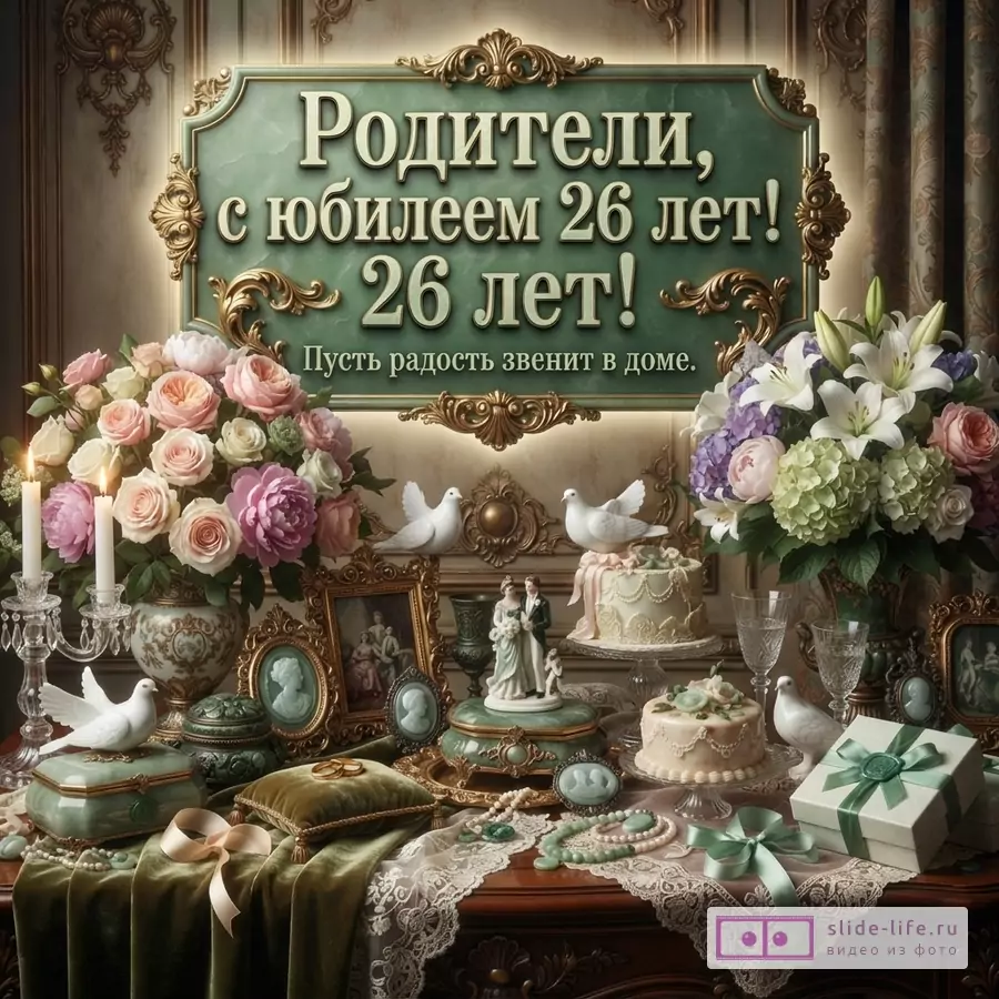 Текст «Родители, с юбилеем 26 лет! 26 лет! Пусть радость звенит в доме.» на зеленой табличке, цветы, свечи, подарки, торты, декоративные птицы.