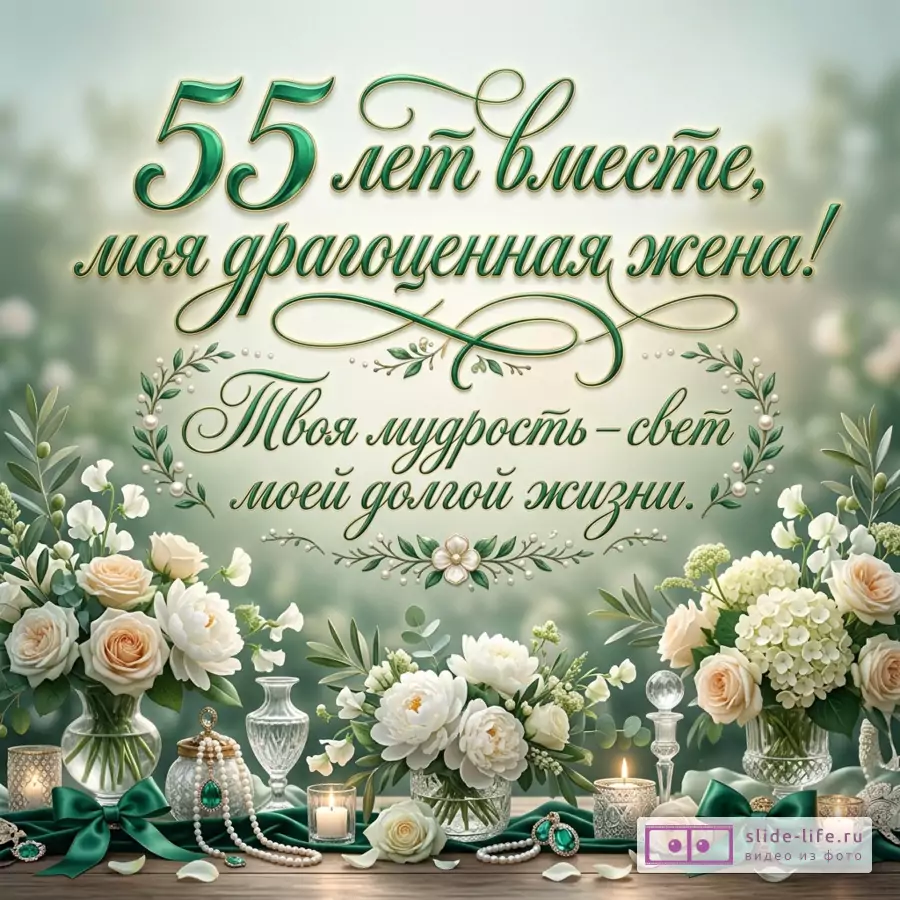 Открытка с зелёно-бежевым фоном, белыми и кремовыми розами, пионами, гортензией, зеленью, свечами, вазами, жемчугом, изумрудными украшениями и лентами, текст «55 лет вместе, моя драгоценная жена! Твоя мудрость – свет моей долгой жизни.»