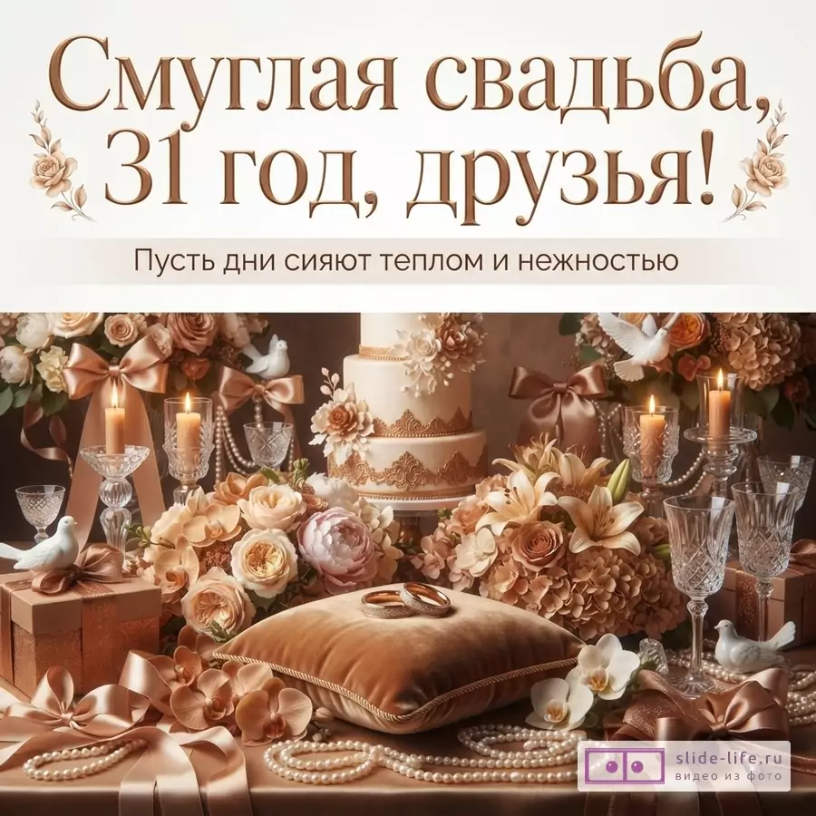 Текст «Смуглая свадьба, 31 год, друзья! Пусть дни сияют теплом и нежностью» на белом фоне, нижняя часть с коричнево-бежевой свадебной композиции, свечами, цветами, лентами, бокалами и кольцами