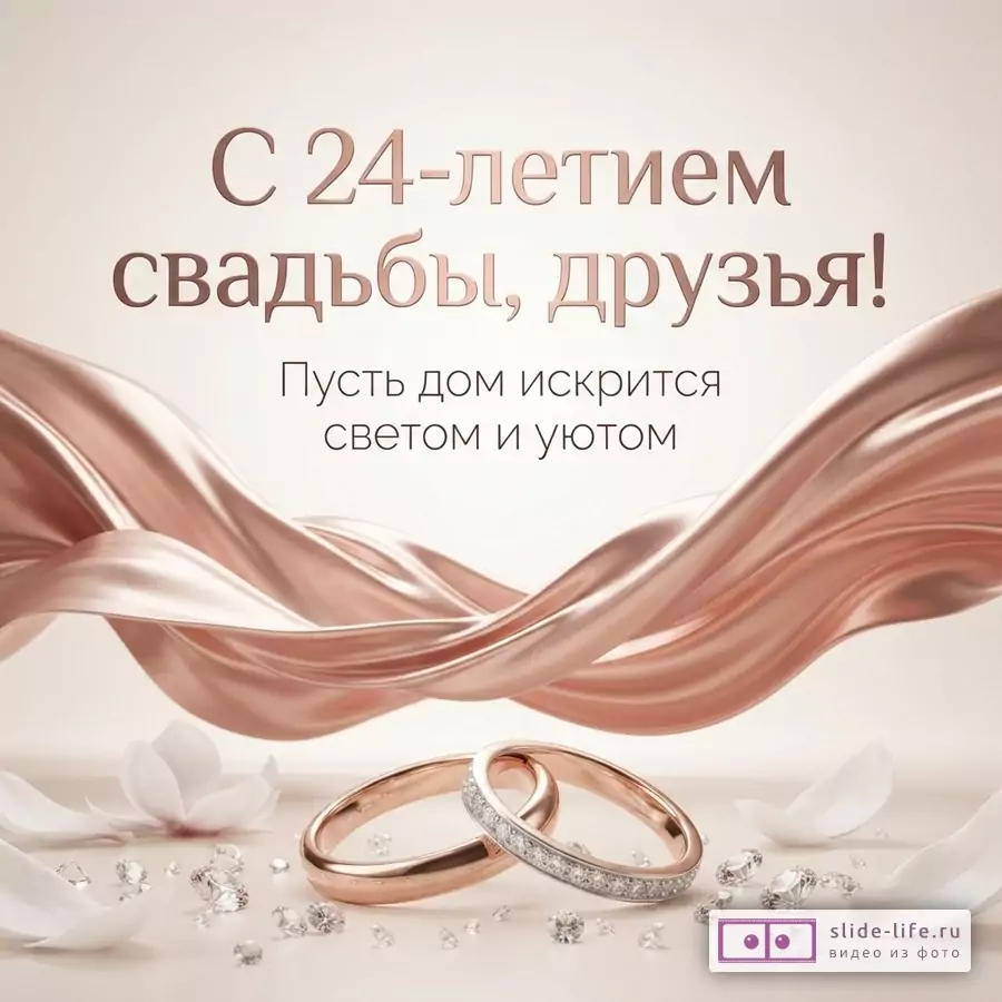 Волна из шелковой ткани цвета розового золота с кристаллами и лепестками, надпись «С 24-летием свадьбы, друзья! Пусть дом искрится светом и уютом.» на бежевом фоне
