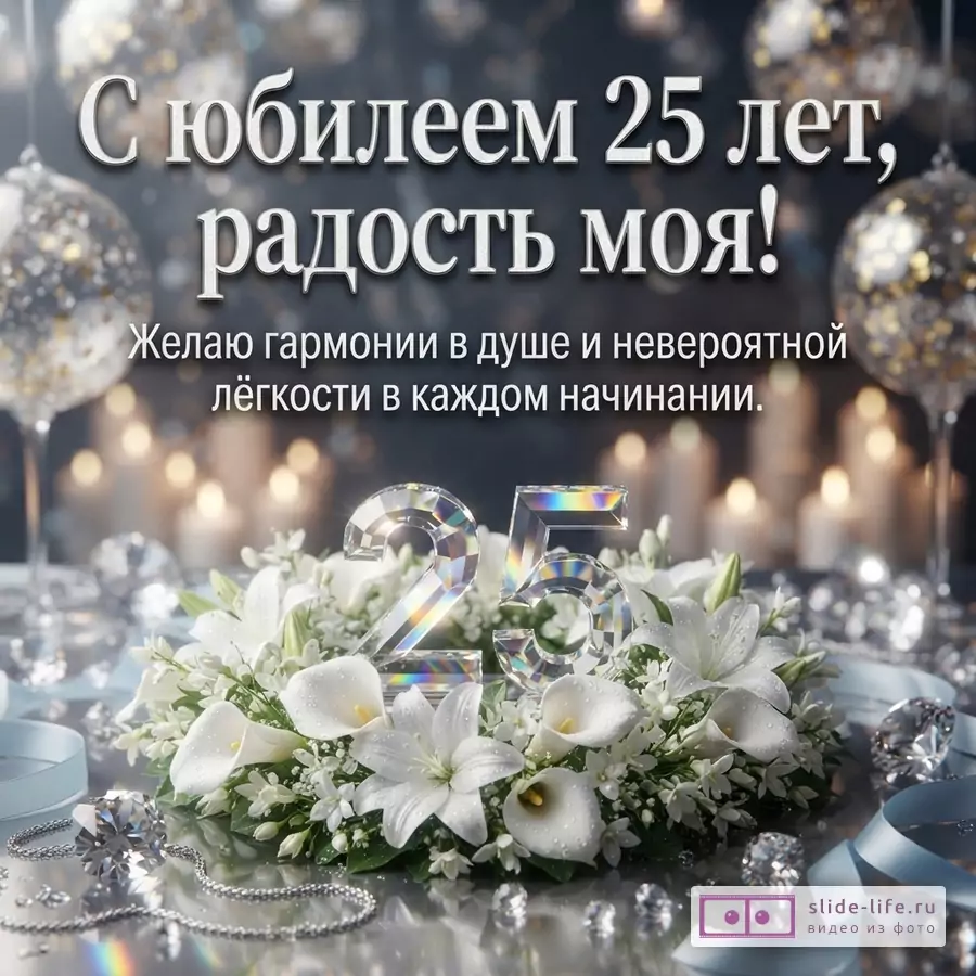 Хрустальная цифра 25 в венке из белых лилий и калл на фоне бокалов и огней с надписью «С юбилеем 25 лет, радость моя! Желаю гармонии в душе и невероятной лёгкости в каждом начинании.»