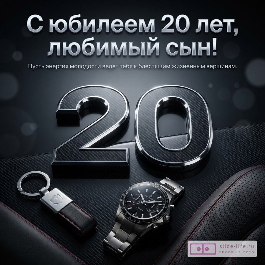 Объемная металлическая цифра 20 с карбоном, наручные часы и брелок на черном фоне с надписью «С юбилеем 20 лет, любимый сын! Пусть энергия молодости ведет тебя к блестящим жизненным вершинам.»
