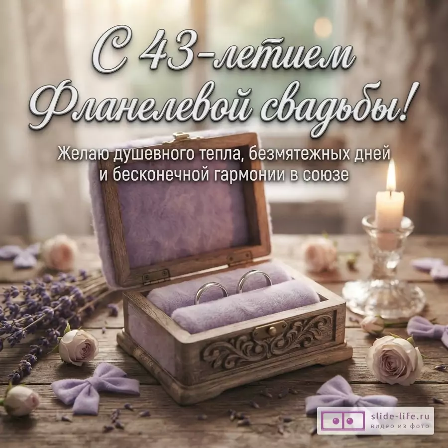 Открытка с надписью «С 43-летием Фланелевой свадьбы! Желаю душевного тепла, безмятежных дней и бесконечной гармонии в союзе». На переднем плане деревянная шкатулка с двумя кольцами, рядом свеча, цветы и лавандовые бантики на деревянном фоне.