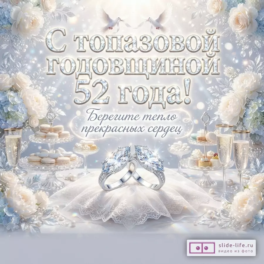Светлый праздничный фон с бело-голубыми цветами, бокалами, десертами и двумя кольцами с голубыми камнями. Текст «С топазовой годовщиной 52 года! Берегите тепло прекрасных сердец.»