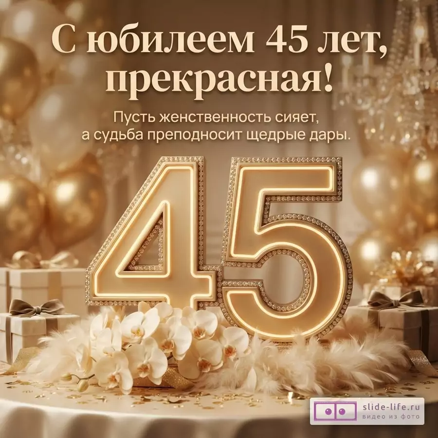 Фон бежевый, золотистый. В центре крупные золотые цифры «45» с подсветкой и стразами. Сверху текст «С юбилеем 45 лет, прекрасная! Пусть женственность сияет, а судьба преподносит щедрые дары.». Внизу белые орхидеи, перья, конфетти, подарочные коробки. На заднем плане золотые шары и люстра.