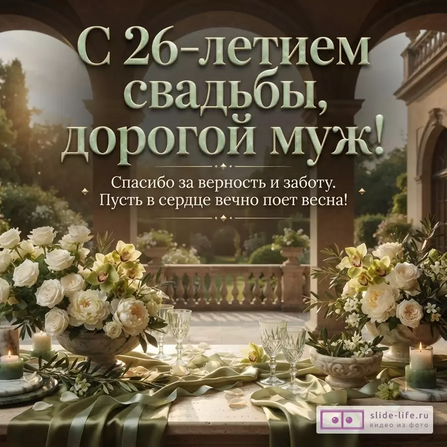 Стол на террасе с колоннами, белые розы, бокалы, свечи и надпись: «С 26-летием свадьбы, дорогой муж! Спасибо за верность и заботу. Пусть в сердце вечно поет весна!».