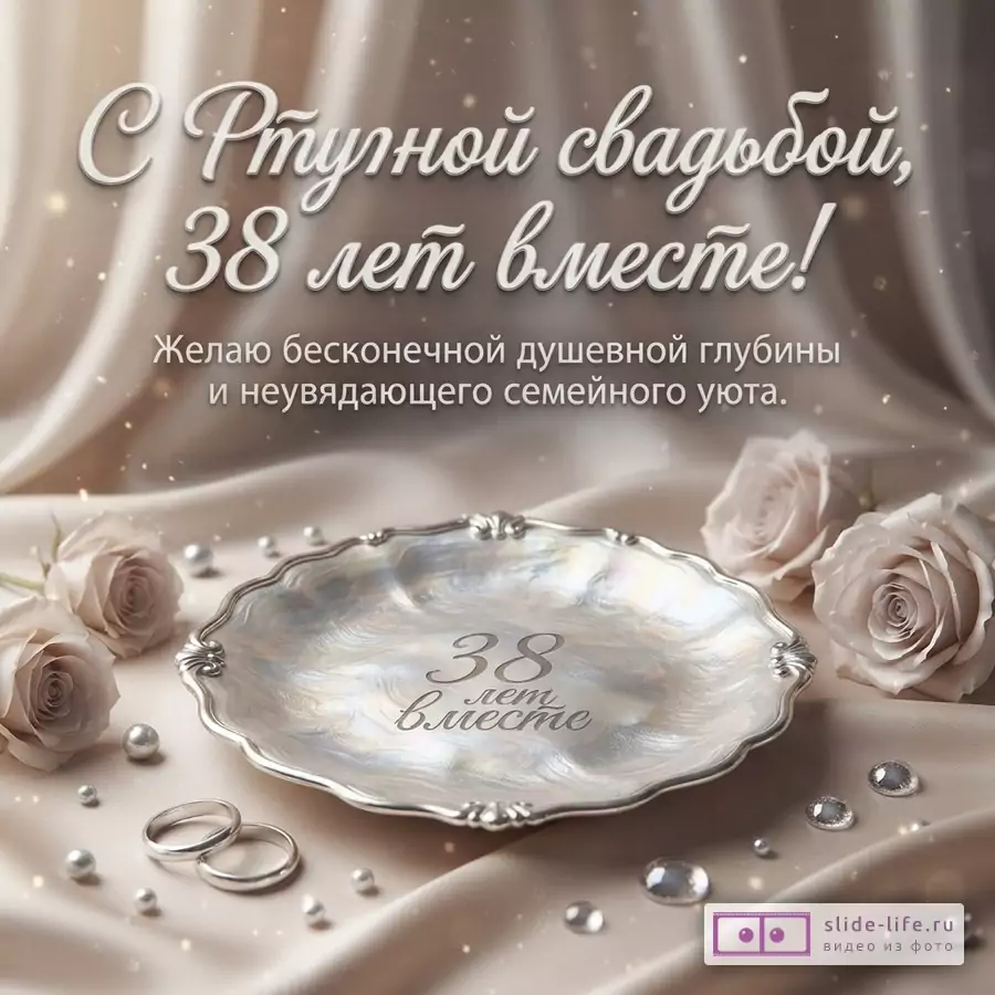 Бежевый фон, складки ткани, жемчужины, две розы, два обручальных кольца, декоративная тарелка. Надпись «С Ртутной свадьбой, 38 лет вместе! Желаю бесконечной душевной глубины и неувядающего семейного уюта.»