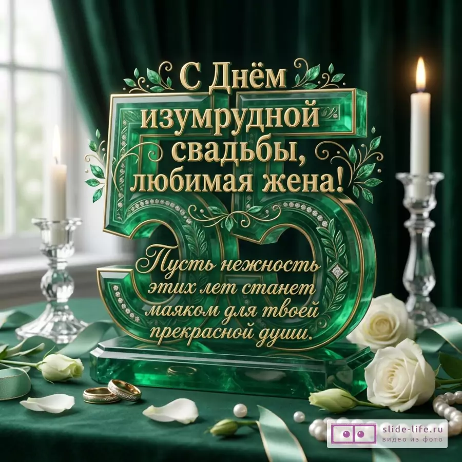 Открытка с изумрудной цифрой 55, золотым декором, зелёным фоном, белыми свечами, белыми розами, жемчугом и кольцами, текст «С Днём изумрудной свадьбы, любимая жена! Пусть нежность этих лет станет маяком для твоей прекрасной души.»