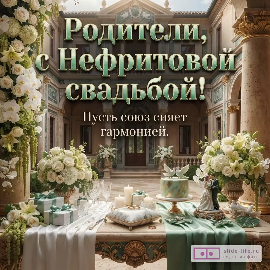 Текст «Родители, с Нефритовой свадьбой! Пусть союз сияет гармонией.» на фоне дворца, цветы, свечи, подарочные коробки, торт, зелено-белая сервировка.