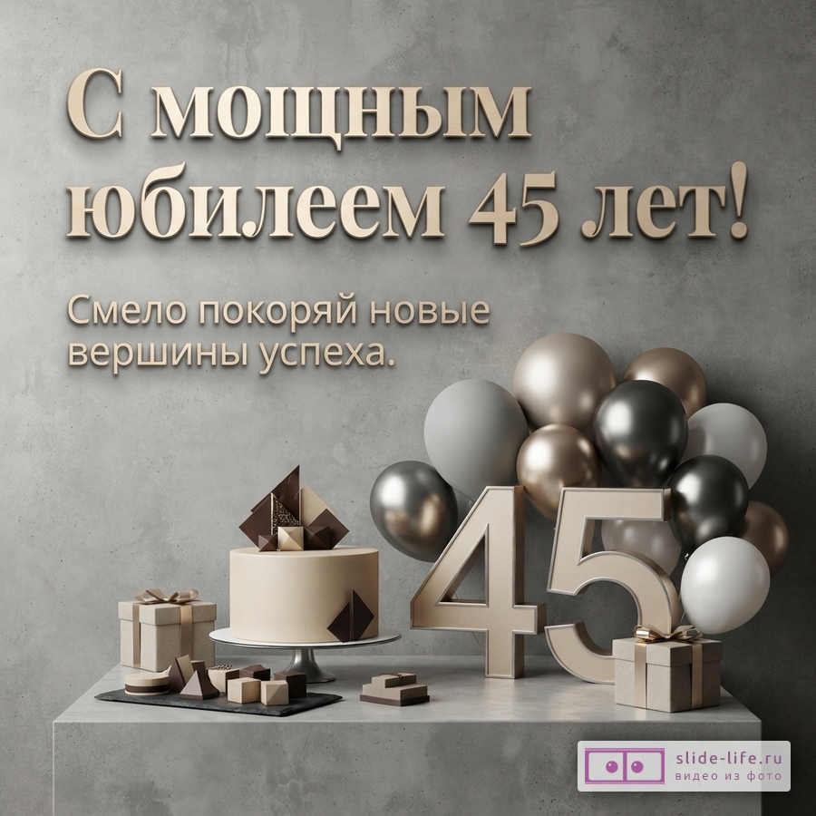 Серая бетонная стена, на переднем плане бетонная столешница. На столешнице торт, подарки, шары и цифры «45». Текст: «С мощным юбилеем 45 лет! Смело покоряй новые вершины успеха.»