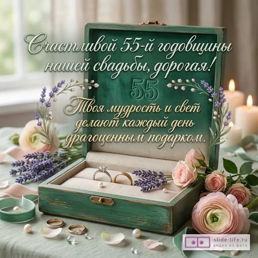 Зеленая шкатулка для колец, обручальные кольца, жемчужины, розовые розы, лаванда, свечи, ленты, текст «Счастливой 55-й годовщины нашей свадьбы, дорогая! 55 Твоя мудрость и свет делают каждый день драгоценным подарком.»