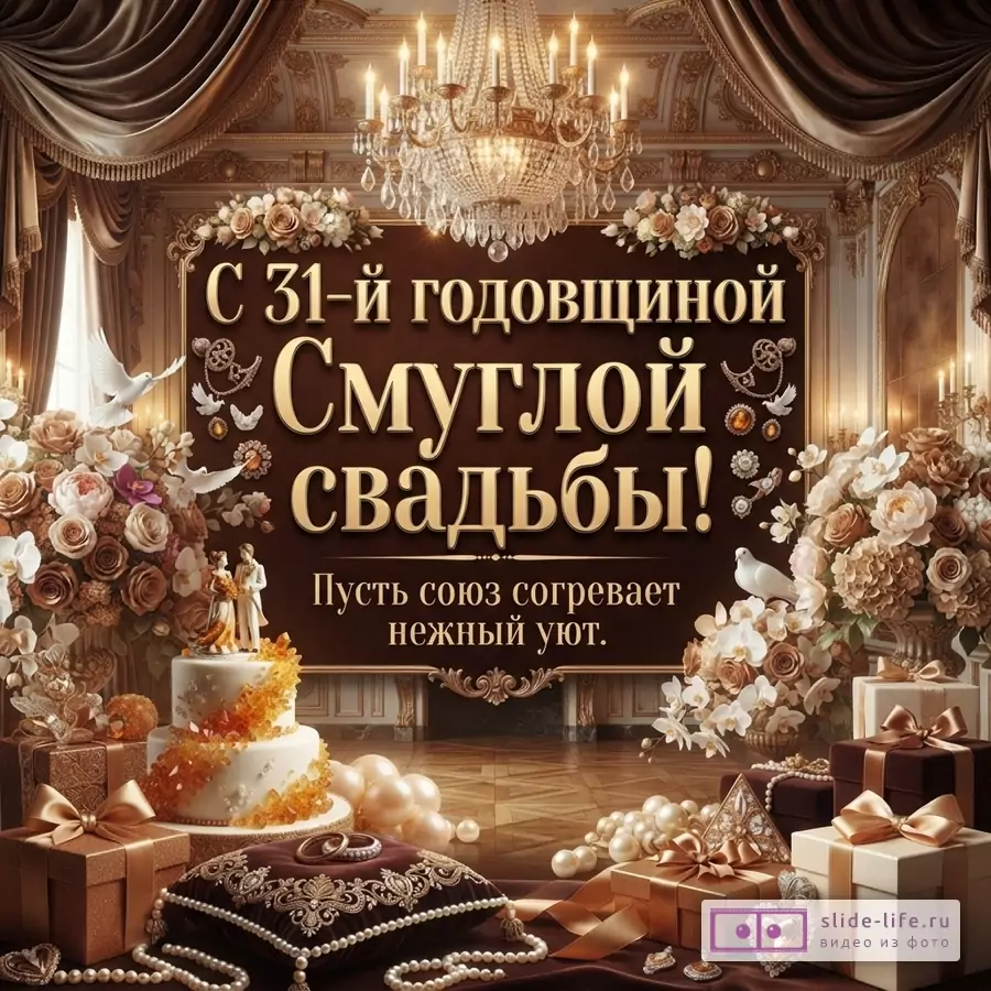 Интерьер в коричнево-золотых тонах, люстра, цветы, подарки, торт, голуби, текст «С 31-й годовщиной Смуглой свадьбы! Пусть союз согревает нежный уют.»