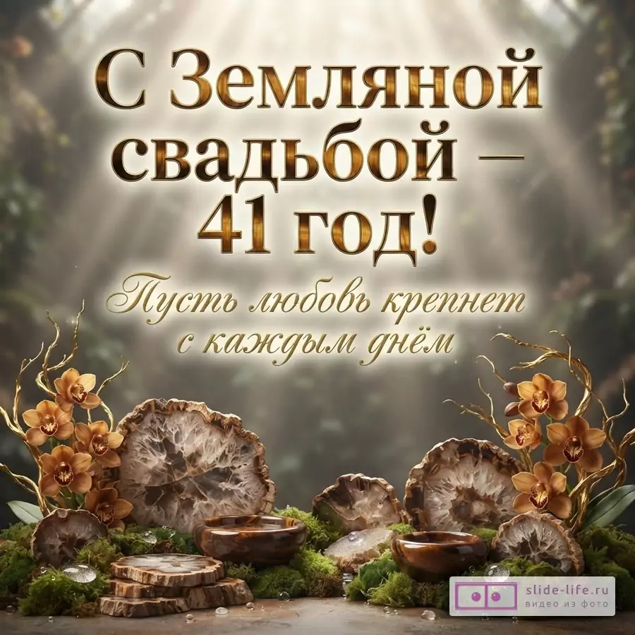Фон с лучами света, золотые буквы, коричневые орхидеи, камни агата, мох. Текст: «С Земляной свадьбой — 41 год! Пусть любовь крепнет с каждым днём»