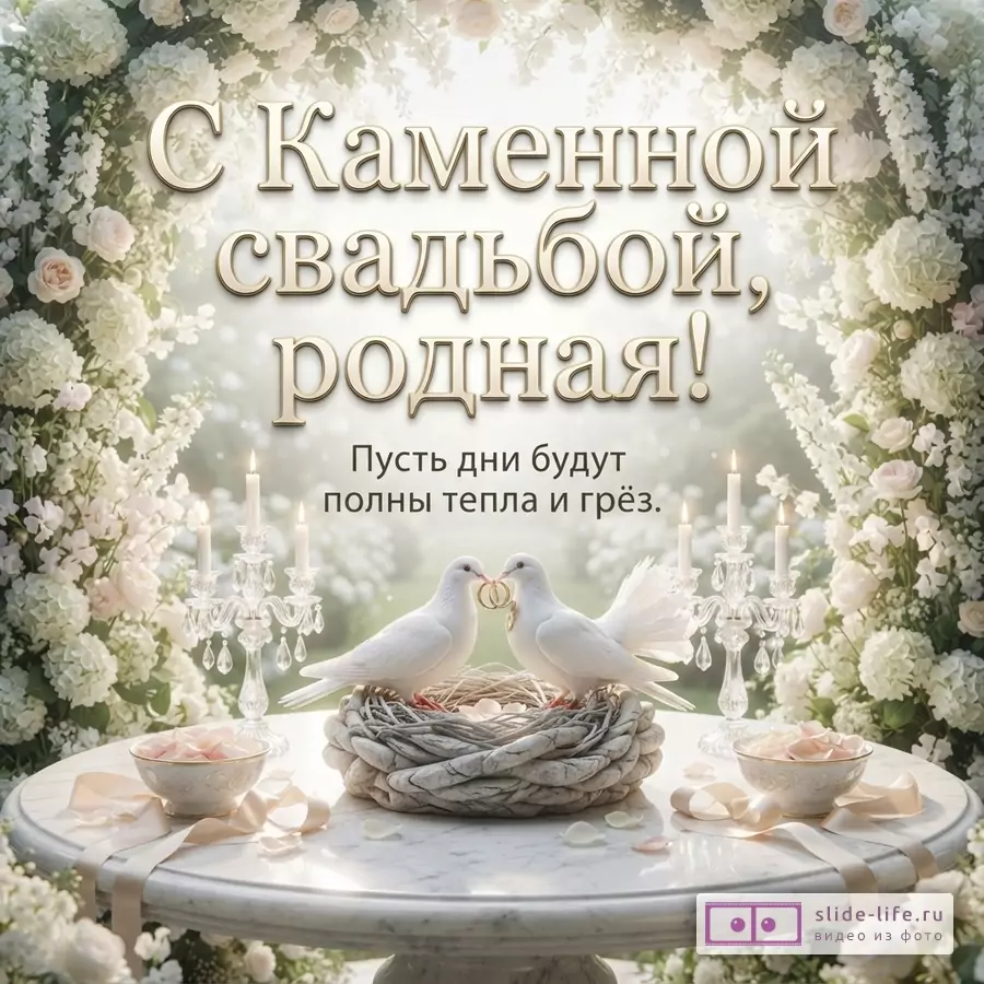 Белый фон, арка из белых цветов, мраморный стол, две белые голубки в гнезде, свечи. Текст: «С Каменной свадьбой, родная! Пусть дни будут полны тепла и грёз.»