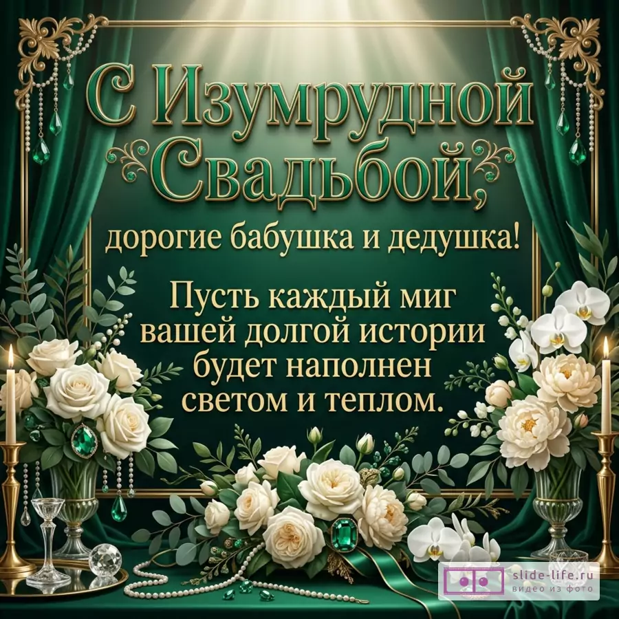 Открытка с зеленым фоном, изумрудными шторами, золотой рамкой, белыми розами, орхидеями, свечами, жемчугом и текстом «С Изумрудной Свадьбой, дорогие бабушка и дедушка!»