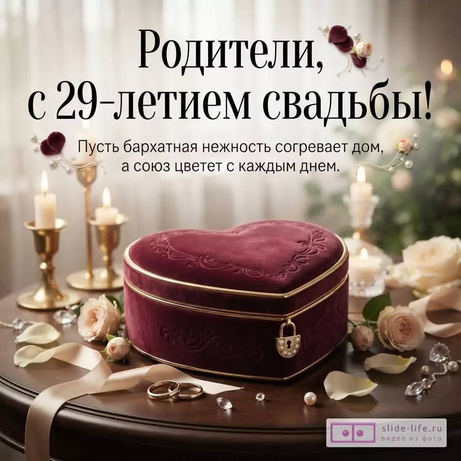 Открытка с бархатной шкатулкой в форме сердца, свечами, кольцами и розами на деревянном столе. Фон размытый. Текст: «Родители, с 29-летием свадьбы! Пусть бархатная нежность согревает дом, а союз цветет с каждым днем.»