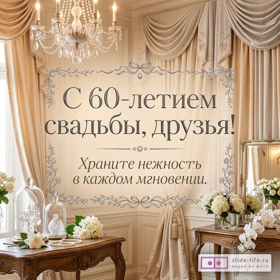 Бежевая открытка с драпировками, хрустальной люстрой, цветами, зеркалом, декоративной рамкой и текстом «С 60-летием свадьбы, друзья! Храните нежность в каждом мгновении.»