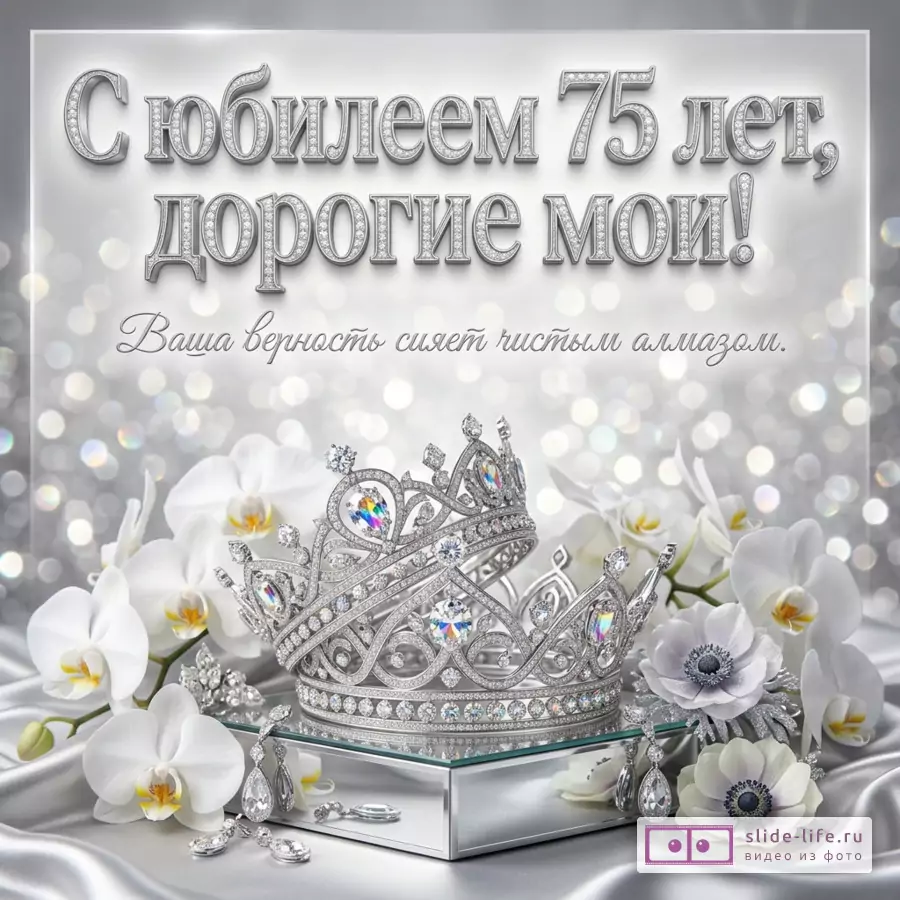 Две бриллиантовые короны на зеркальной подставке среди белых орхидей на серебристом фоне, надпись: «С юбилеем 75 лет, дорогие мои! Ваша верность сияет чистым алмазом.»