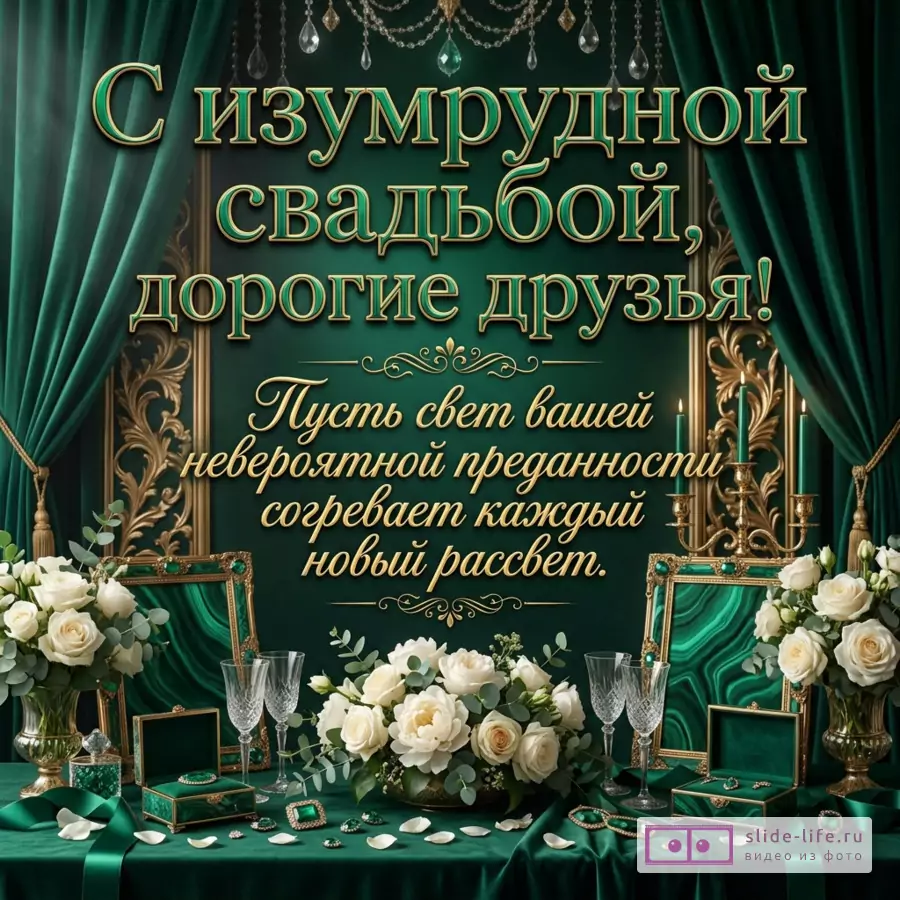 Изумрудная и золотая открытка с текстом «С изумрудной свадьбой, дорогие друзья! Пусть свет вашей невероятной преданности согревает каждый новый рассвет.» белые розы, свечи, хрустальные бокалы, зеленые шкатулки, рамы, подвески