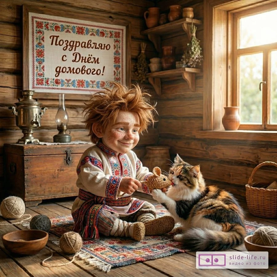 С Днём домового — открытка с добрым домовым скачать