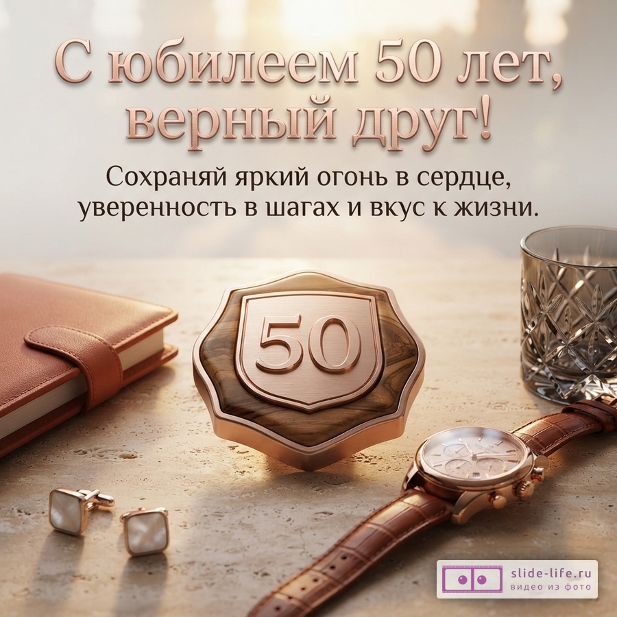 Бежевый фон, сверху светлое пятно. В центре надпись медного цвета «С юбилеем 50 лет, верный друг! Сохраняй яркий огонь в сердце, уверенность в шагах и вкус к жизни.». Слева коричневый блокнот, справа стакан. В центре значок с цифрой «50». Слева внизу запонки, справа часы.