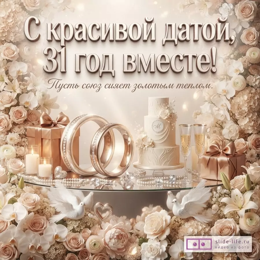 Бежево-розовая открытка с цветами, кольцами, свечами, подарками, тортом и бокалами. Текст «С красивой датой, 31 год вместе! Пусть союз сияет золотым теплом.»