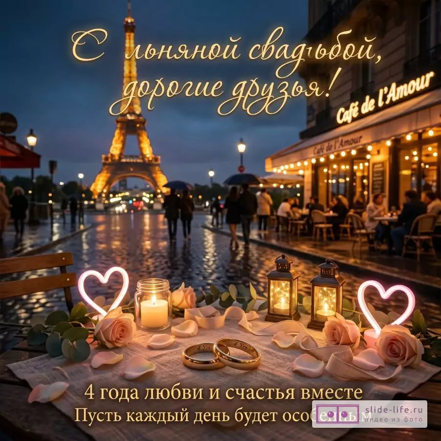 Темно-синий вечерний фон, Эйфелева башня, огни кафе, стол с льняной тканью, свечами, фонарями, розами и кольцами. Текст: «С льняной свадьбой, дорогие друзья! 4 года любви и счастья вместе»