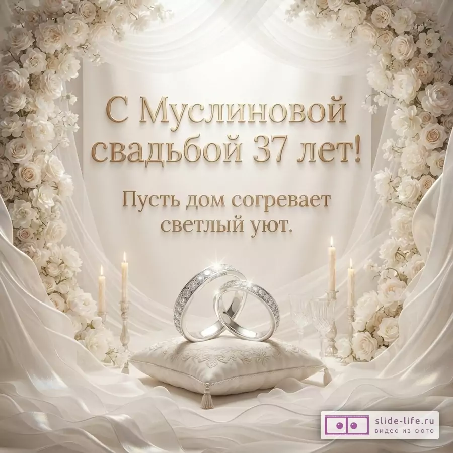 Открытка с бежевым фоном, белыми цветами по углам, белыми драпировками. В центре два серебряных кольца с бриллиантами на белой подушке. Слева и справа горящие свечи. Текст: «С Муслиновой свадьбой 37 лет! Пусть дом согревает светлый уют.»