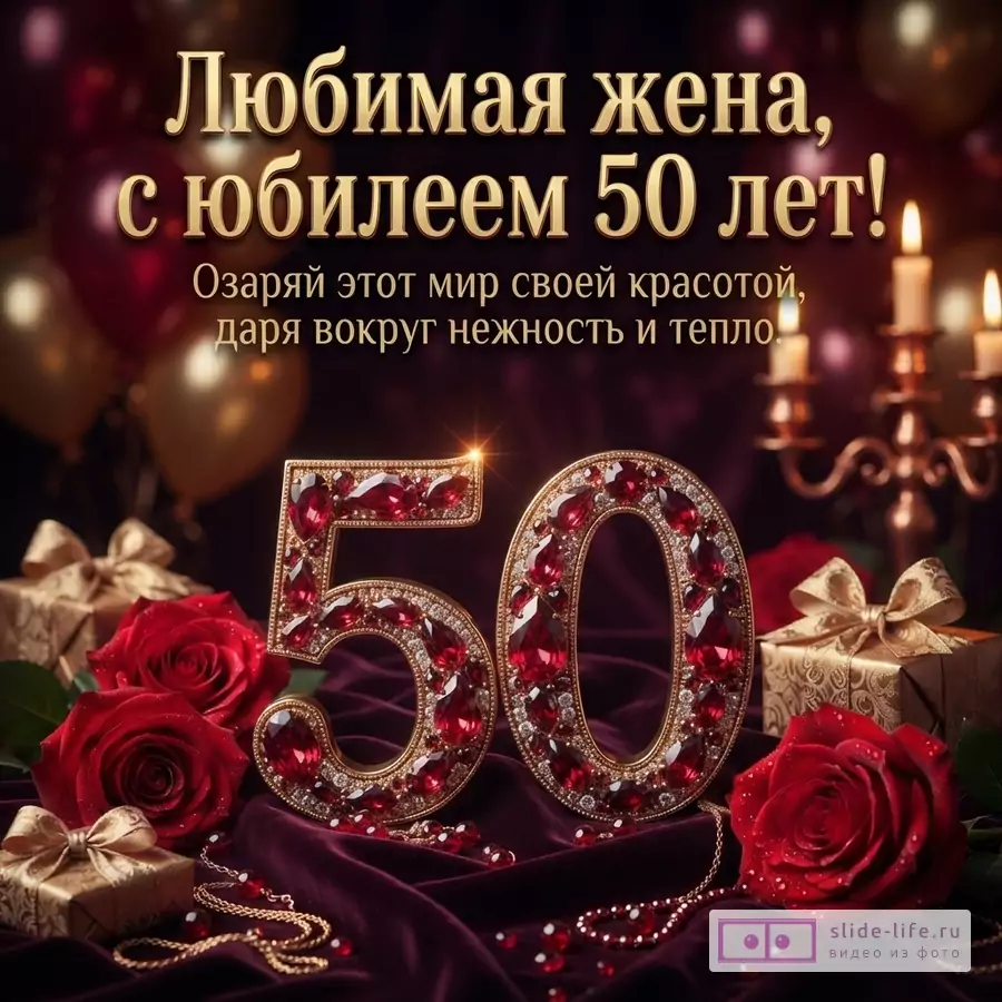 Темно-бордовый фон, золотые шары, свечи. Золотые буквы «Любимая жена, с юбилеем 50 лет! Озаряй этот мир своей красотой, даря вокруг нежность и тепло.». Большие золотые цифры «50» с красными камнями. Красные розы, золотые подарки.