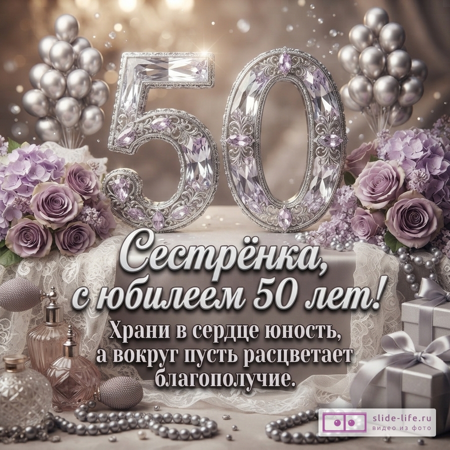 Фон бежевый, сверху цифры «50» из серебристых кристаллов. Слева и справа букеты сиреневых роз и гортензий, серебристые шары. Внизу флаконы духов, жемчужные бусы, подарочные коробки. Текст: «Сестрёнка, с юбилеем 50 лет! Храни в сердце юность, а вокруг пусть расцветает благополучие.»
