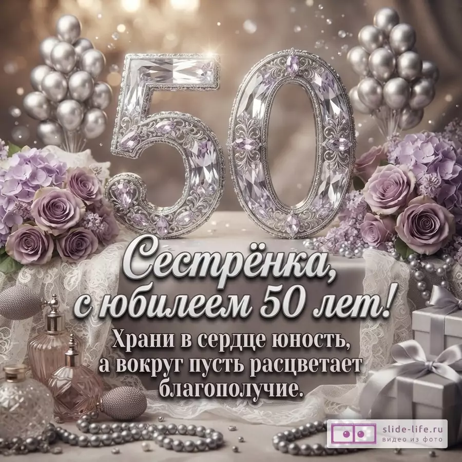 Фон бежевый, сверху цифры «50» из серебристых кристаллов. Слева и справа букеты сиреневых роз и гортензий, серебристые шары. Внизу флаконы духов, жемчужные бусы, подарочные коробки. Текст: «Сестрёнка, с юбилеем 50 лет! Храни в сердце юность, а вокруг пусть расцветает благополучие.»