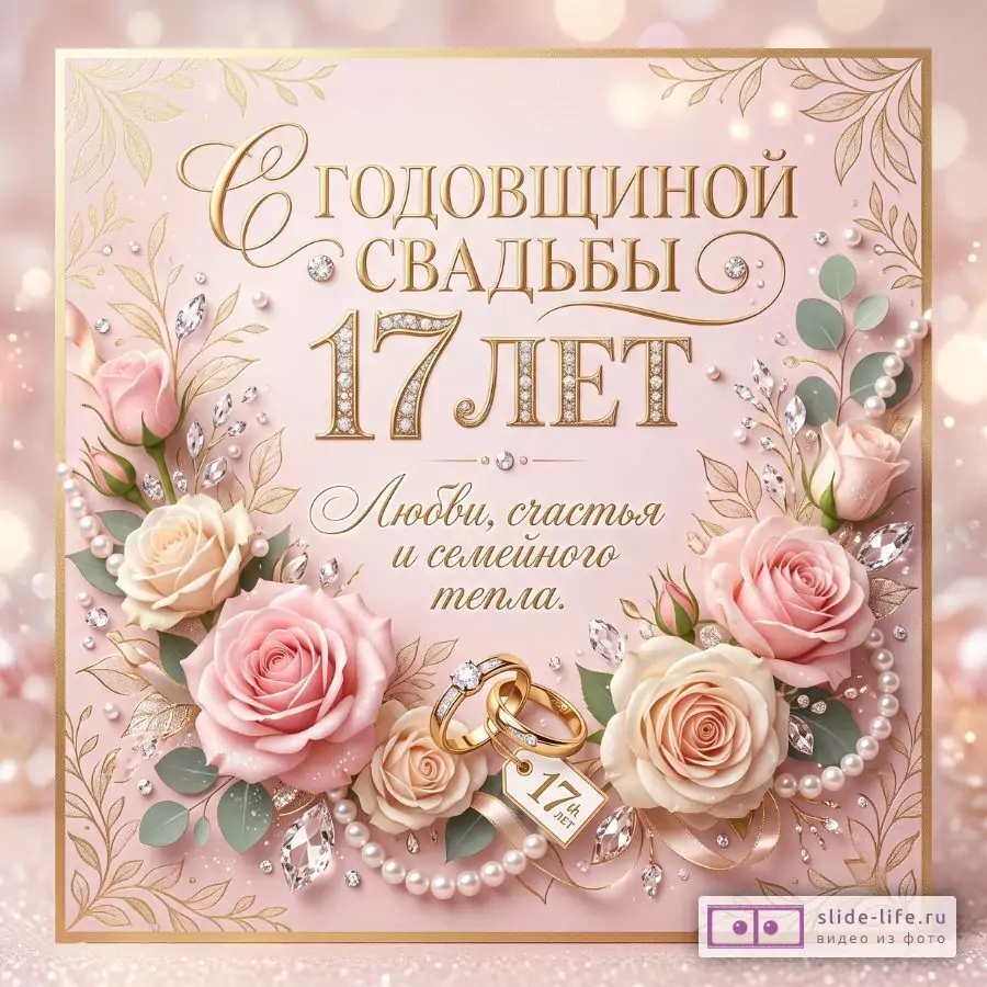 Розово-бежевый фон, золотая рамка, розы, жемчуг, кольца и кристаллы; текст «Годовщиной свадьбы 17 лет», «Любви, счастья и семейного тепла».