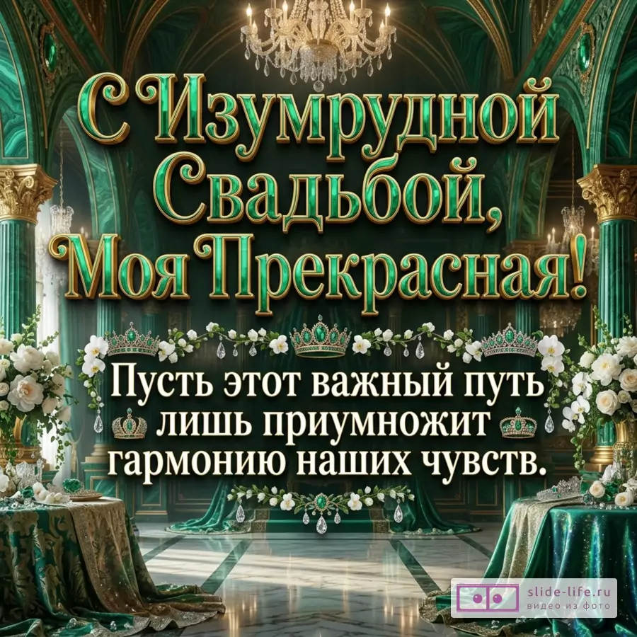 Открытка в изумрудно-золотых тонах, дворцовый интерьер, люстра, колонны, белые цветы, короны, кристаллы, текст «С Изумрудной Свадьбой, Моя Прекрасная! Пусть этот важный путь лишь приумножит гармонию наших чувств.»