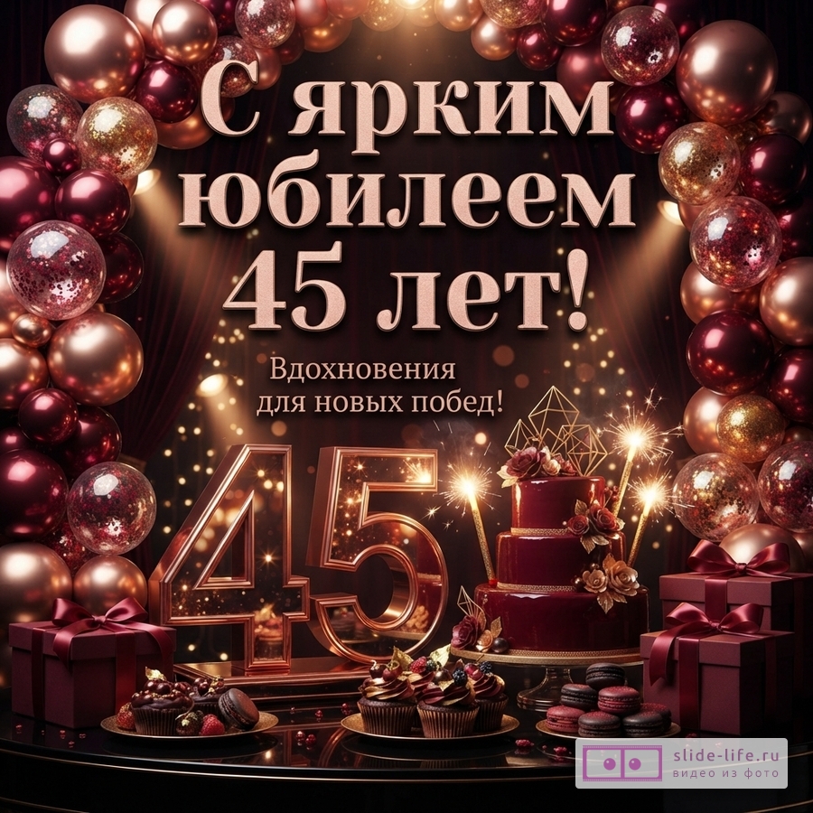 Открытка с фоном из бордовых и золотых шаров. В центре надпись «С ярким юбилеем 45 лет!». Ниже надпись «Вдохновения для новых побед!». Справа торт, капкейки, макаруны и подарочная коробка.