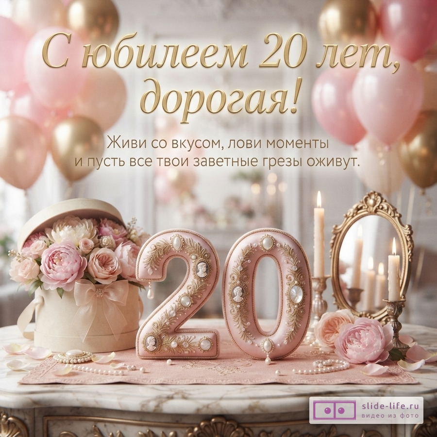 Объемная цифра 20 с жемчугом на мраморном столе с розами, зеркалом и шарами с надписью «С юбилеем 20 лет, дорогая! Живи со вкусом, лови моменты и пусть все твои заветные грезы оживут.»