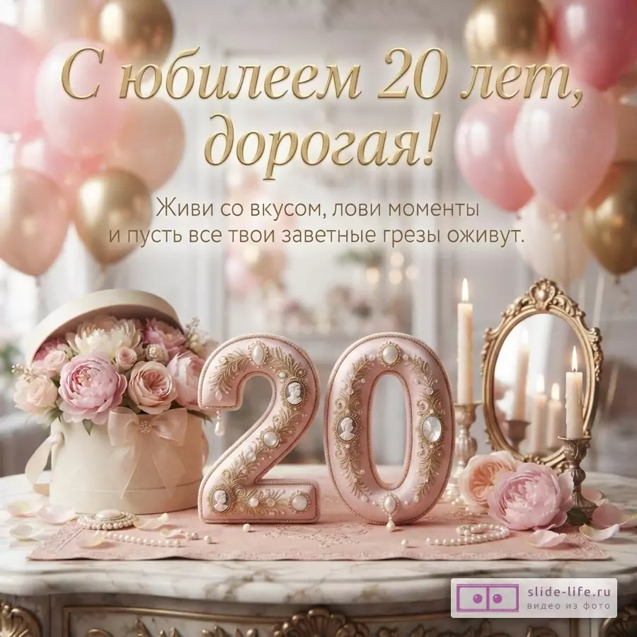Объемная цифра 20 с жемчугом на мраморном столе с розами, зеркалом и шарами с надписью «С юбилеем 20 лет, дорогая! Живи со вкусом, лови моменты и пусть все твои заветные грезы оживут.»