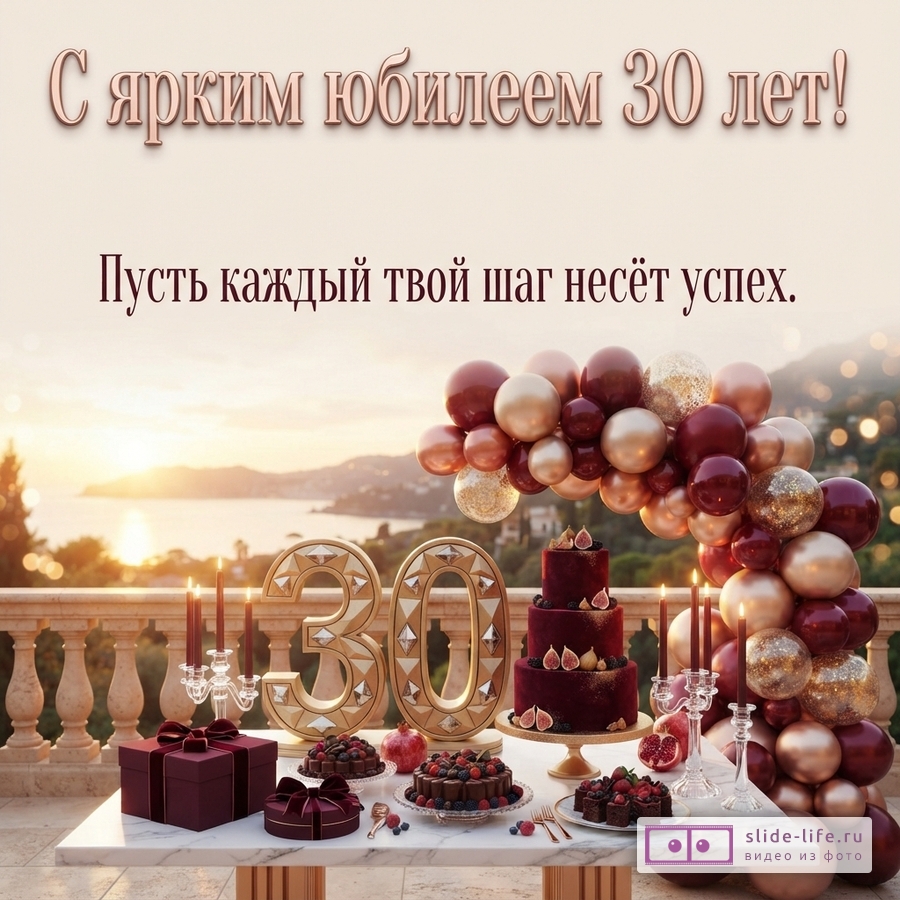 Бежевый фон, праздничный стол, цифра 30, бордовые и золотые шары, торт и свечи, текст «С ярким юбилеем 30 лет! Пусть каждый твой шаг несёт успех.»
