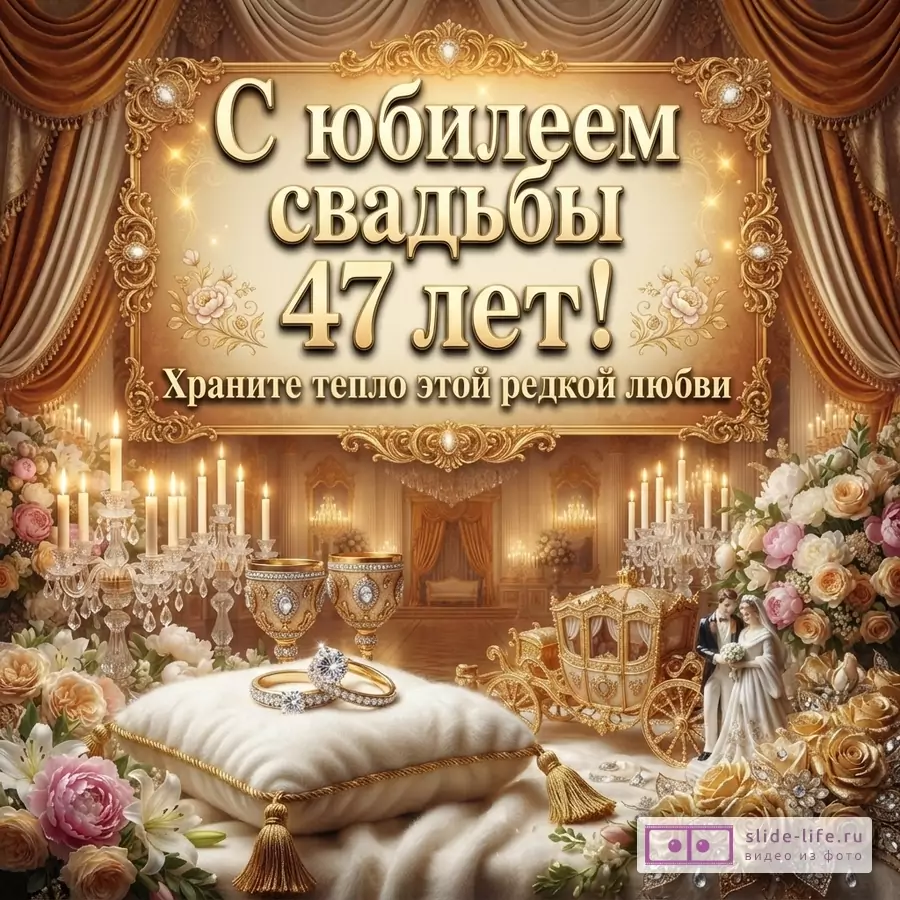 Золотистая открытка с рамкой, шторами и цветами, на переднем плане подушка с кольцами, бокалы, карета и фигурки молодоженов. Текст: «С юбилеем свадьбы 47 лет! Храните тепло этой редкой любви»