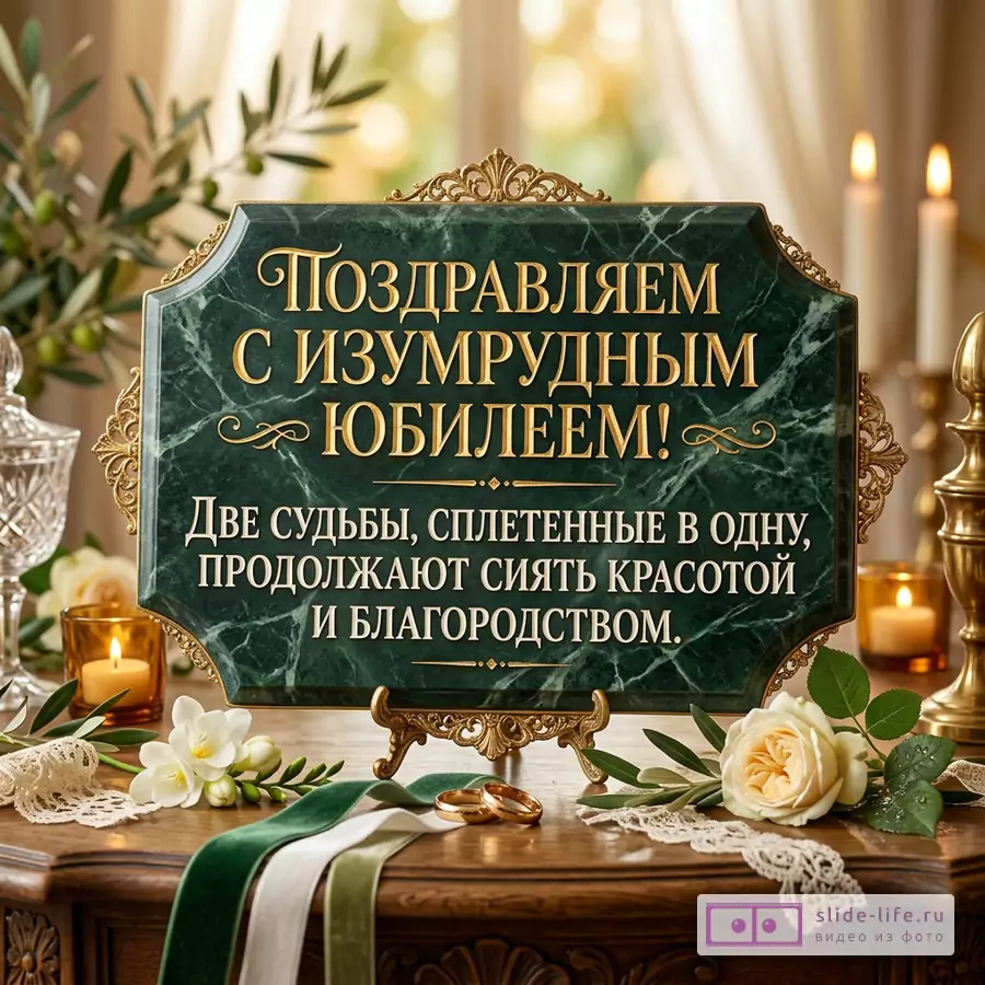 Открытка с темно-зеленой мраморной табличкой в золотой рамке, белые и кремовые цветы, зеленые листья, свечи, золотые кольца, ленты. Текст «Поздравляем с изумрудным юбилеем! Две судьбы, сплетенные в одну, продолжают сиять красотой и благородством.»