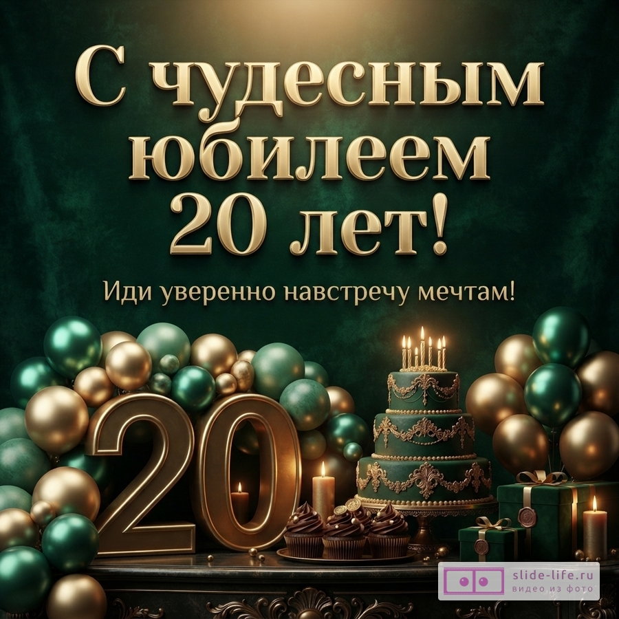 Открытка с зеленым фоном, золотыми буквами «С чудесным юбилеем 20 лет! Иди уверенно навстречу мечтам!», золотыми и зелеными шарами, цифрами «20», тортом, капкейками и подарками.