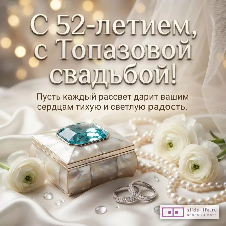 Бежевый фон с боке, белая ткань, шкатулка с голубым камнем, жемчужное ожерелье, белые цветы, обручальные кольца. Надпись «С 52-летием, с Топазовой свадьбой! Пусть каждый рассвет дарит вашим сердцам тихую и светлую радость.»
