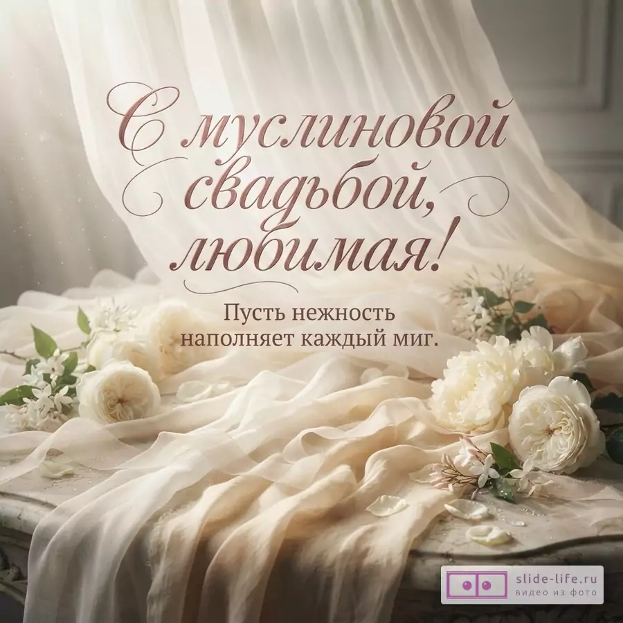Бежевый фон, полупрозрачная ткань, белые цветы. Надпись «С муслиновой свадьбой, любимая! Пусть нежность наполняет каждый миг.»