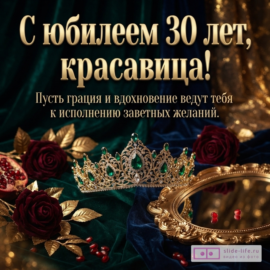 Золотая корона с изумрудами, зеркало в золоченой раме, бордовые розы и гранат на бархатной ткани с надписью «С юбилеем 30 лет, красавица! Пусть грация и вдохновение ведут тебя к исполнению заветных желаний.»