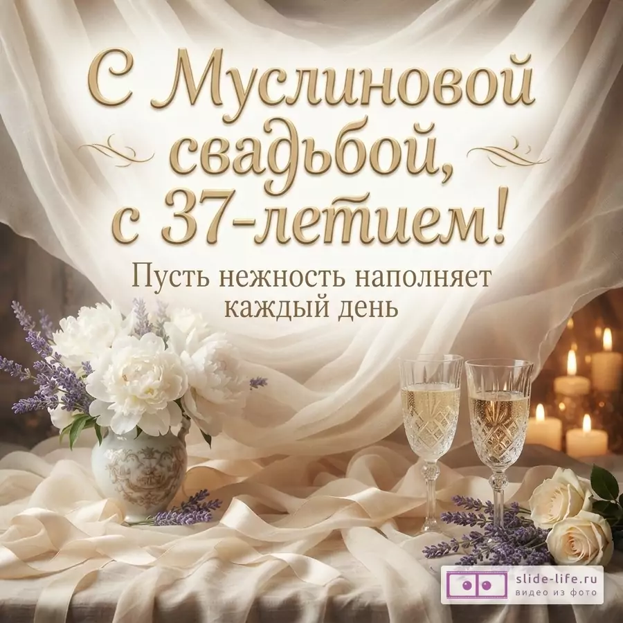 Бежевый фон, золотой текст «С Муслиновой свадьбой, с 37-летием! Пусть нежность наполняет каждый день», белые пионы, лаванда, два бокала шампанского, свечи