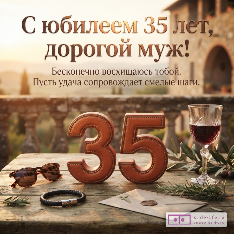 Кожаные цифры 35, бокал красного вина, солнцезащитные очки и конверт на деревянном столе террасы с текстом «С юбилеем 35 лет, дорогой муж!»